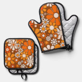 Retro Garden Floral 60er 70er Pattern Brown & Oran Ofenhandschuh & Topflappen-Set (Vorderseite/Rückseite)