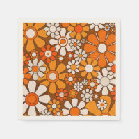 Retro Garden Floral 60er 70er Pattern Brown & Oran