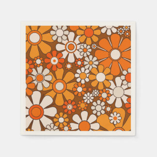 Retro Garden Floral 60er 70er Pattern Brown & Oran Serviette