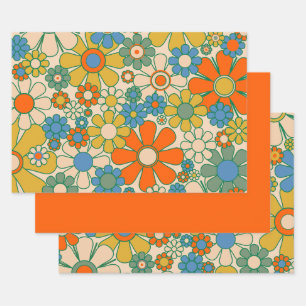Retro Garden Floral 60er 70er Pattern Geschenkpapier Set