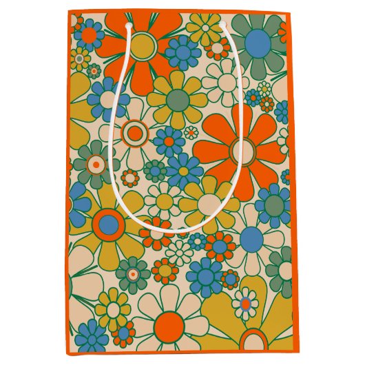 Retro Garden Floral 60er 70er Pattern Orange Mittlere Geschenktüte (Vorderseite)