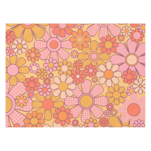 Retro Garden Gingham Blume 60er 70er Pattern Tischdecke (Vorderseite (Horizontal))