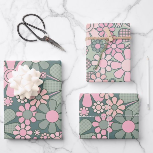 Retro Garden Gingham Blume Blumenmuster Geschenkpapier Set (Vorderseite)