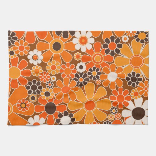 Retro Garden Groovy Floral 60er 70er Orange Patter Geschirrtuch (Horizontal)