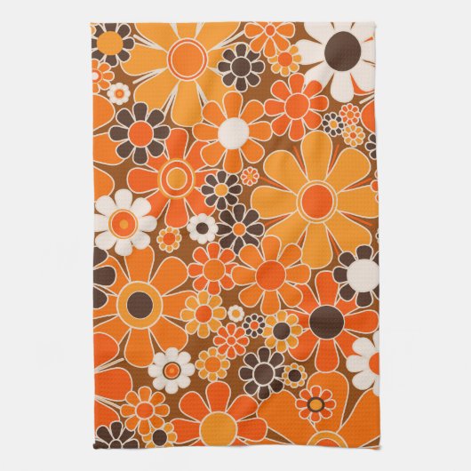 Retro Garden Groovy Floral 60er 70er Orange Patter Geschirrtuch (Vertikal)
