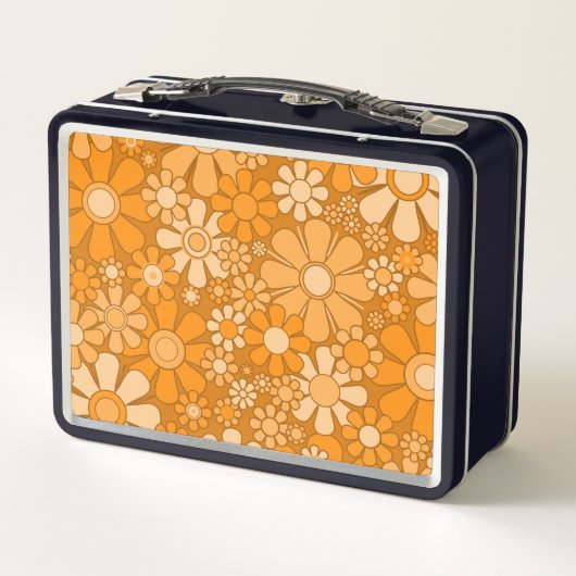 Retro Garden Groovy Floral 60er 70er Pattern Orang Metall Brotdose (Rückseite)