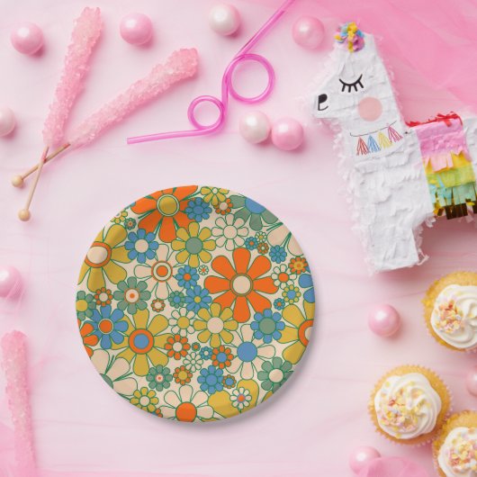 Retro Garden Groovy Floral 60er 70er Pattern Pappteller (Party)