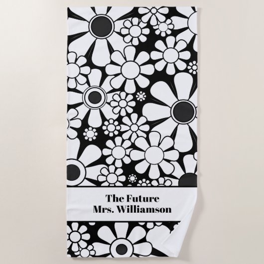 Retro Garden Schwarz-Weiß-Blumenmuster Strandtuch (Vorderseite)