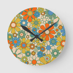 Retro-Garten-Blumen-Muster 60er 70er Jahre fröhlic Runde Wanduhr