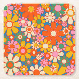 Retro-Garten Bunt 60er 70er Blumenmuster Rechteckiger Pappuntersetzer
