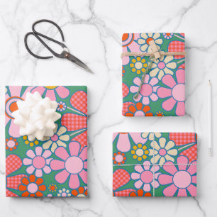 Retro-Garten-Gingham-Blumen Vintage-Maximalist Geschenkpapier Set
