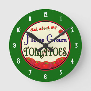 Retro-Garten-Uhr mit selbstgezogenen Tomaten für d Runde Wanduhr