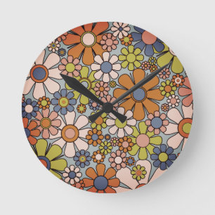 Retro-Garten Vintage 60er 70er Ästhetik Blumen Runde Wanduhr