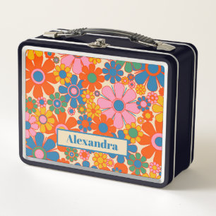 Retro-Gartenblumen Farbige 60er 70er Floral Name Metall Brotdose