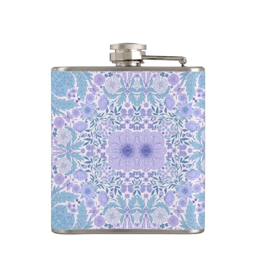 Retro Gartenfloralen in Blau und Violett Flachmann (Rückseite)