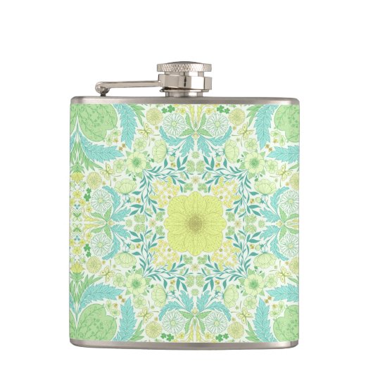 Retro-Gartenflorchen in grün und gelb Flachmann (Vorderseite)