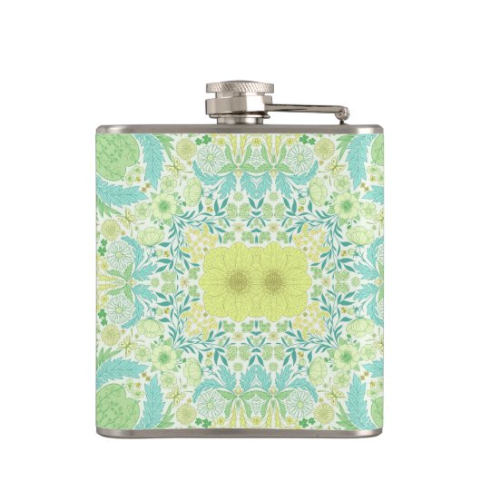 Retro-Gartenflorchen in grün und gelb Flachmann (Rückseite)