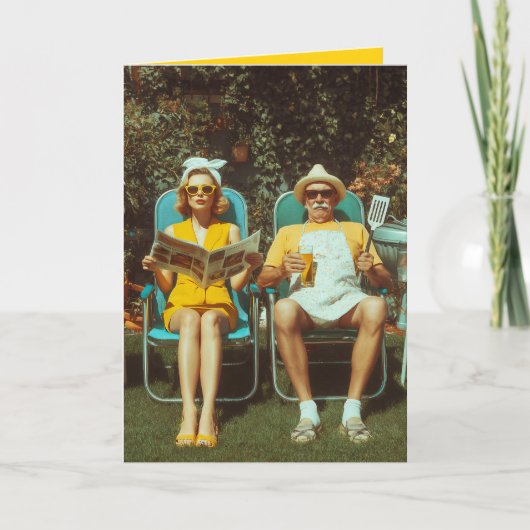 Retro-Gartengrill-Szene mit stilvollem Paar Karte (Vorderseite)