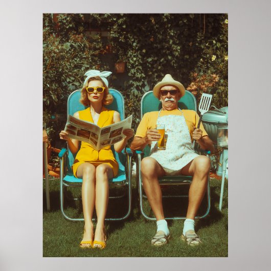 Retro-Gartengrill-Szene mit stilvollem Paar Poster (Vorne)