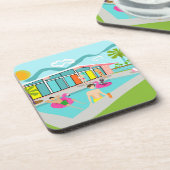 Retro Gay Pink Flamingo Pool Party Getränkeuntersetzer (Linke Seite)