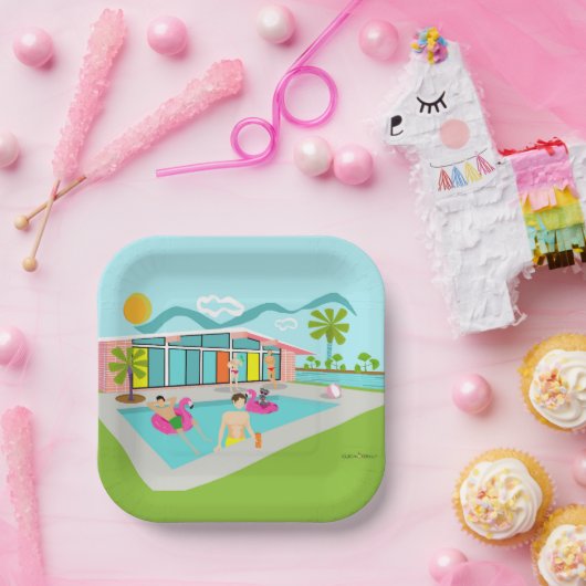 Retro Gay Pink Flamingo Pool Party Pappteller (Party)