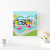 Retro Gay Pink Flamingo Pool Party Quadratische Wanduhr (Zuhause)