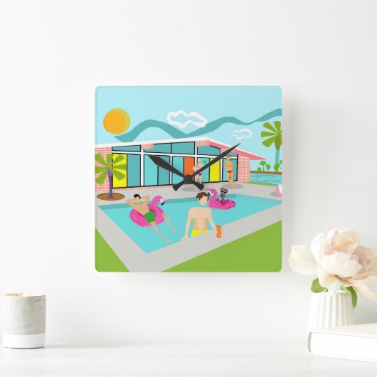 Retro Gay Pink Flamingo Pool Party Quadratische Wanduhr (Zuhause)