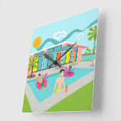 Retro Gay Pink Flamingo Pool Party Quadratische Wanduhr (Winkel)