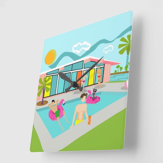 Retro Gay Pink Flamingo Pool Party Quadratische Wanduhr (Winkel)