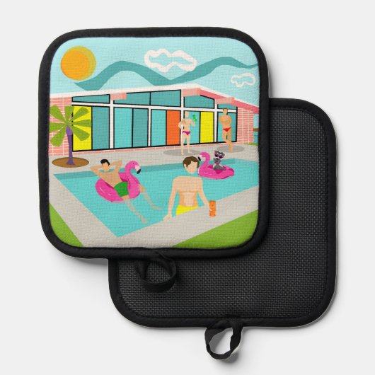 Retro Gay Pink Flamingo Pool Party Topflappen (Vorderseite/Rückseite)