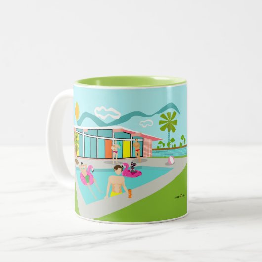 Retro Gay Pink Flamingo Pool Party Zweifarbige Tasse (Vorderseite Links)