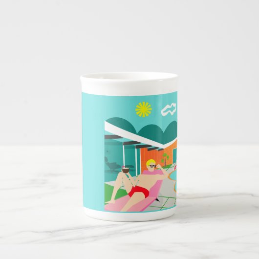 Retro Gay Pool Party Knochensteine China Tasse (Vorderseite)