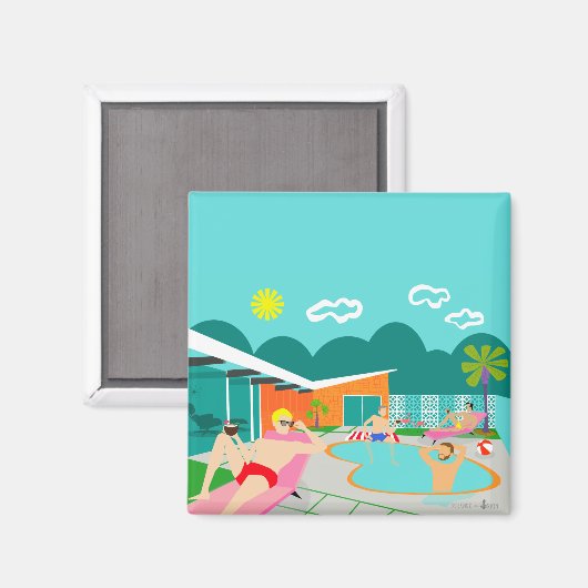 Retro Gay Pool Party Square Magnet (Vorderseite/Rückseite)