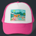 Retro Gay Pool Party Trucker Hat Truckerkappe<br><div class="desc">This Retro Gay Pool Party Trucker Hat Design four hunky beefcakes having a gay old time as they beat the Palm Springs heat by lounging around the turquoise blue water of their atomic boomerang shaped swimming pool. The mid century modern architecture on the fabulous, orange house is clearly prime real...</div>