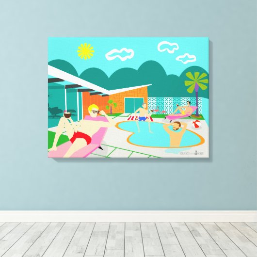 Retro Gay Pool Party überzogene Canvas Print Leinwanddruck (Insitu (Holzboden))