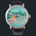 Retro Gay Pool Party Watch Armbanduhr<br><div class="desc">Dieses Retro Gay Pool Party Watch Design verfügt über vier grobkörnige Kuchen, die eine homosexuelle Zeit haben, während sie die Hitze der Palm Springs durch das türkisblaue Wasser ihres atomar geboomerang geformten Schwimmbeckens schlagen. Die moderne Bauweise des herrlichen orangefarbenen Steinhauses ist angesichts der Aussicht auf die Berge im Hintergrund eindeutig...</div>
