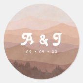 Retro-Gebirge und Forest-Pink-Hochzeit-Monogramm Runder Aufkleber (Vorderseite)