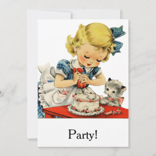 Retro-Geburtstagskind-Kuchen-Katze-Kinder-Kunstwer Einladung