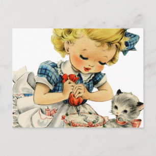 Retro-Geburtstagskuchen-Mädchen-Katzen-Kunstwerk Postkarte