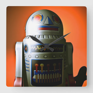 Retro geernteter Spielzeug-Roboter 02 Quadratische Wanduhr