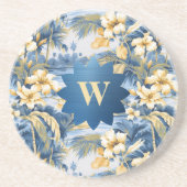 Retro Gelb Blau Blumen Tropical Palmen Initiale Getränkeuntersetzer (Vorne)