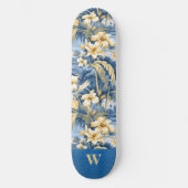 Retro Gelb Blau Floral und Tropische Palmen Initia Skateboard (Vorderseite)