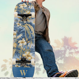 Retro Gelb Blau Floral und Tropische Palmen Initia Skateboard