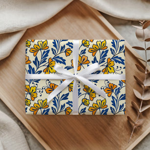 Retro Gelb Orange Folkloristisch Blumen Blau Blatt Geschenkpapier