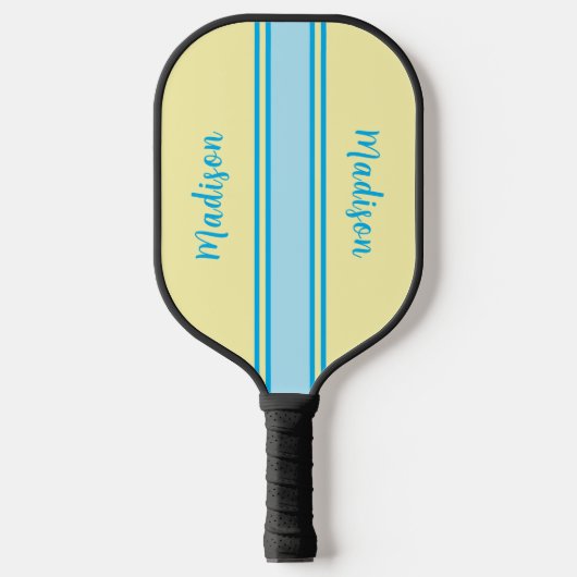 Retro Gelb und Sky Blue Streifen - Mit Monogramm Pickleball Schläger (Vorderseite)