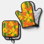 Retro-Gelbe Blumen aus den 70er Jahren Ofenhandschuh & Topflappen-Set (Vorderseite/Rückseite)