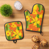 Retro-Gelbe Blumen aus den 70er Jahren Ofenhandschuh & Topflappen-Set (Oben Unten)