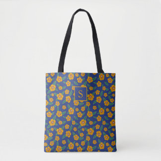 Retro Gelbe Blumen Muster Monogramm Navy Tasche