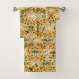 Retro-Gelbe Sonnenblume Multicfarbene Libellen Badhandtuch Set