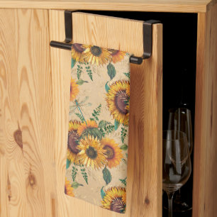 Retro-Gelbe Sonnenblumen Bouquet Libellen Geschirrtuch